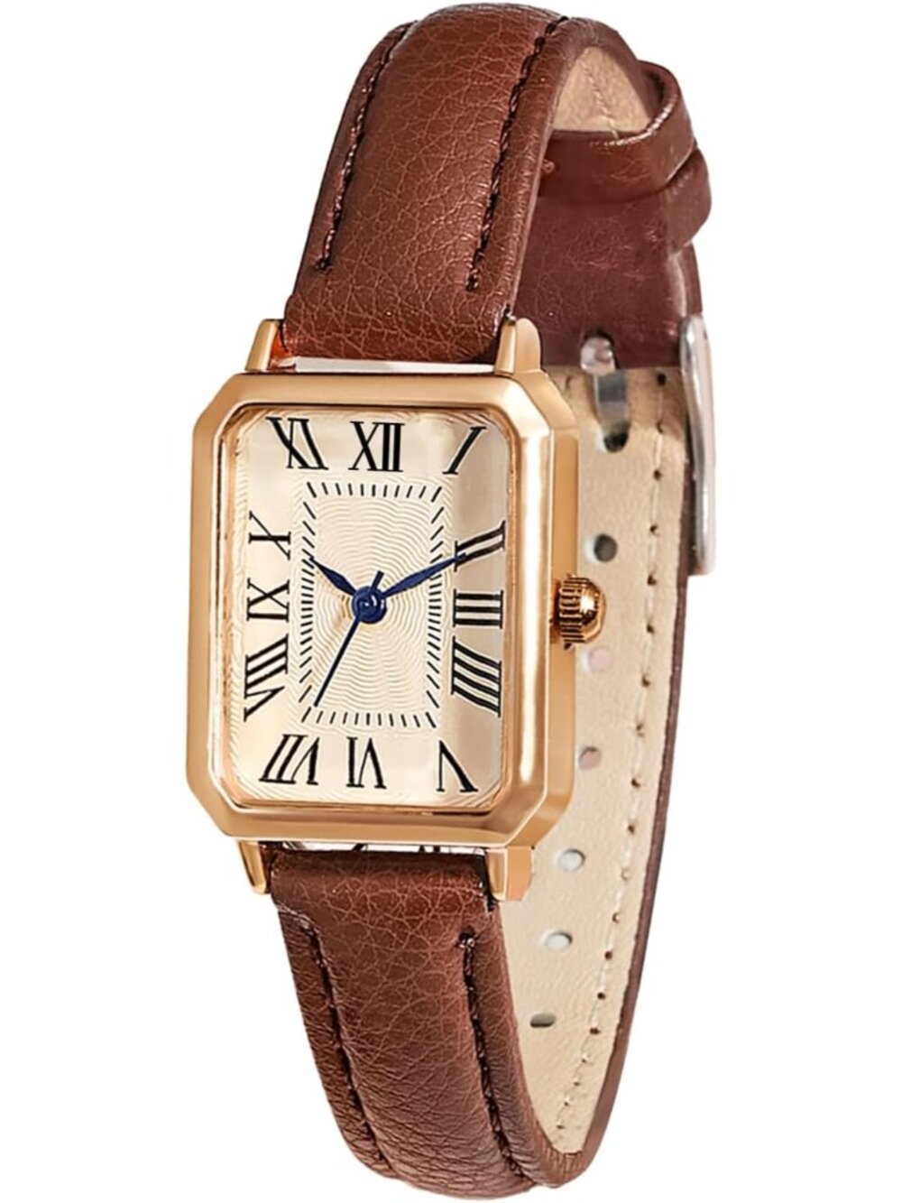 Women's Brown Gold Vintage Rectangle Elegant Dainty Leather Strap Quartz Watch